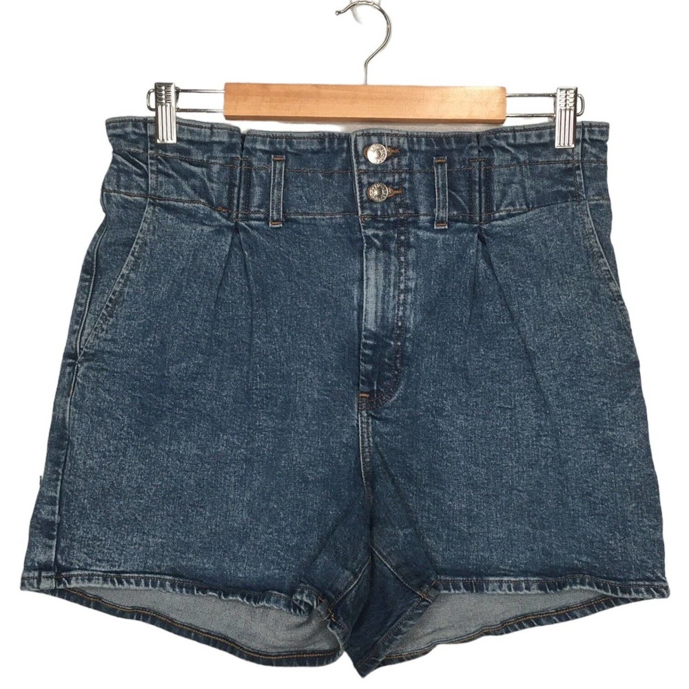 Express Midi Super High Rise Pleated Y2K 90s Denim Shorts Mom Blue 12R